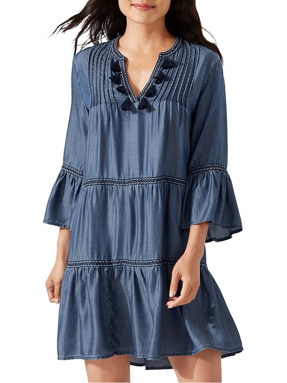 NWOT Tommy Bahama Women's Blue Denim Tiered Tassel V-Neck Mini Dress SZ S